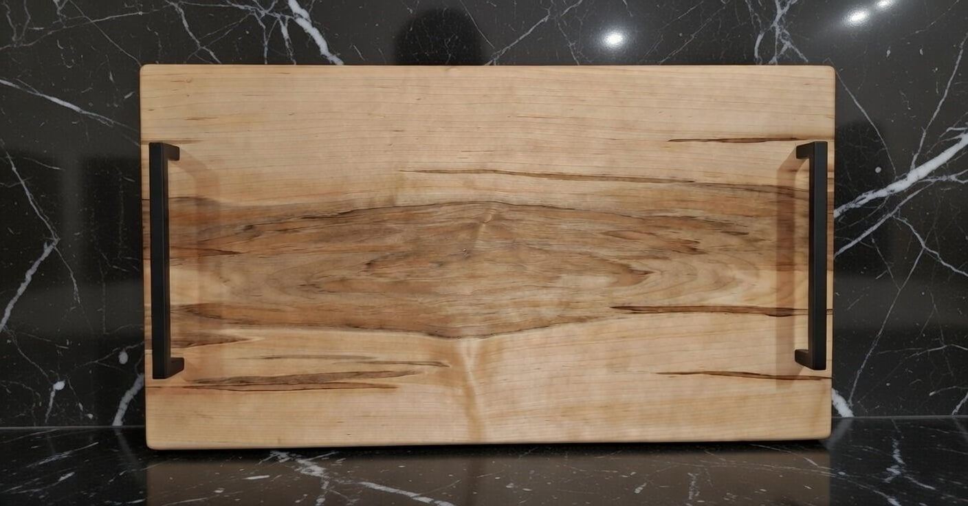 Spalted Silver Maple Charcuterie Board - Modern Sleek Black Handles